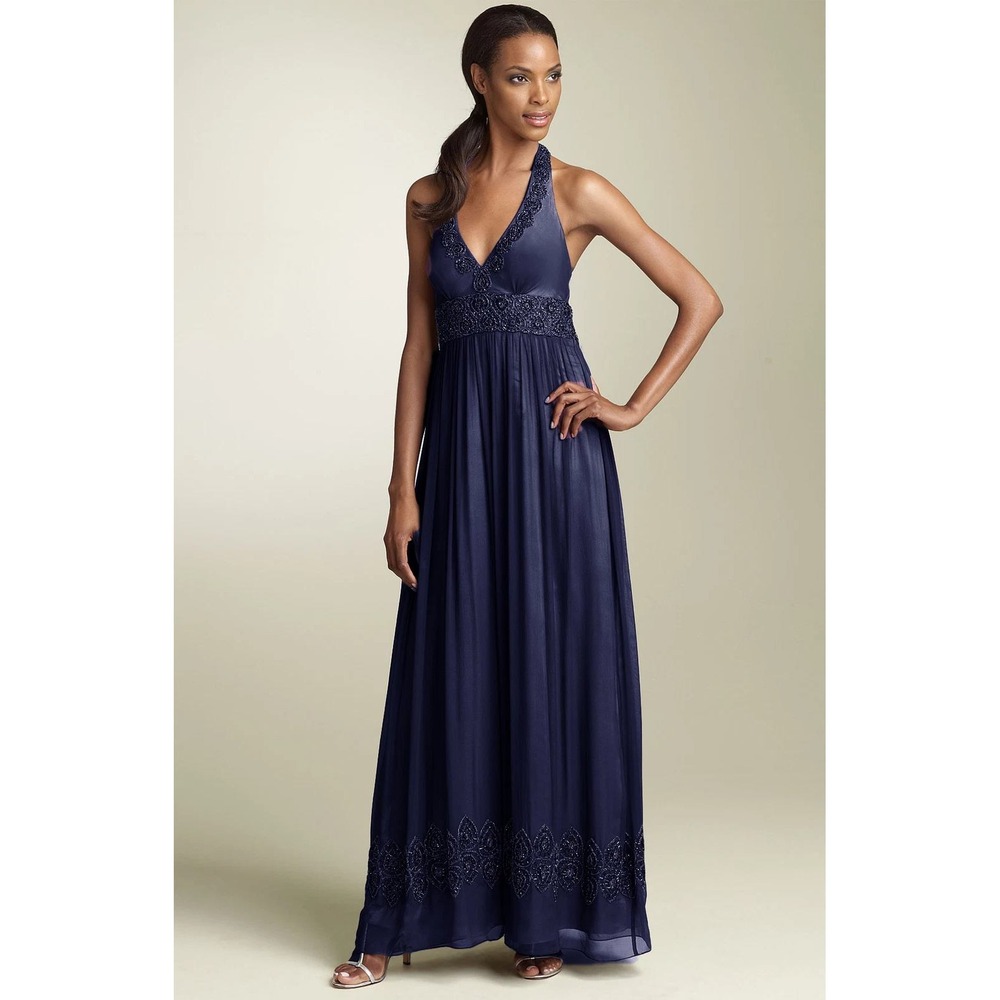 Adrianna Papell Evening Beaded Halter Maxi Dress Navy Blue Silk Formal Cocktails